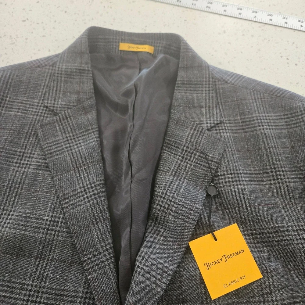 Hickey Freeman Blazer Mens 52R Grey Plaid Wool Silk Linen Classic Fit Sport Coat